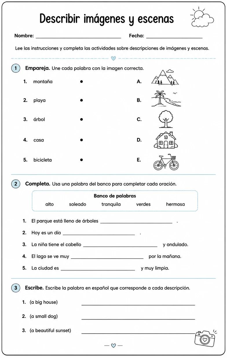 Reconocer palabras, frases o oraciones en español relacionadas con descripciones de imágenes.