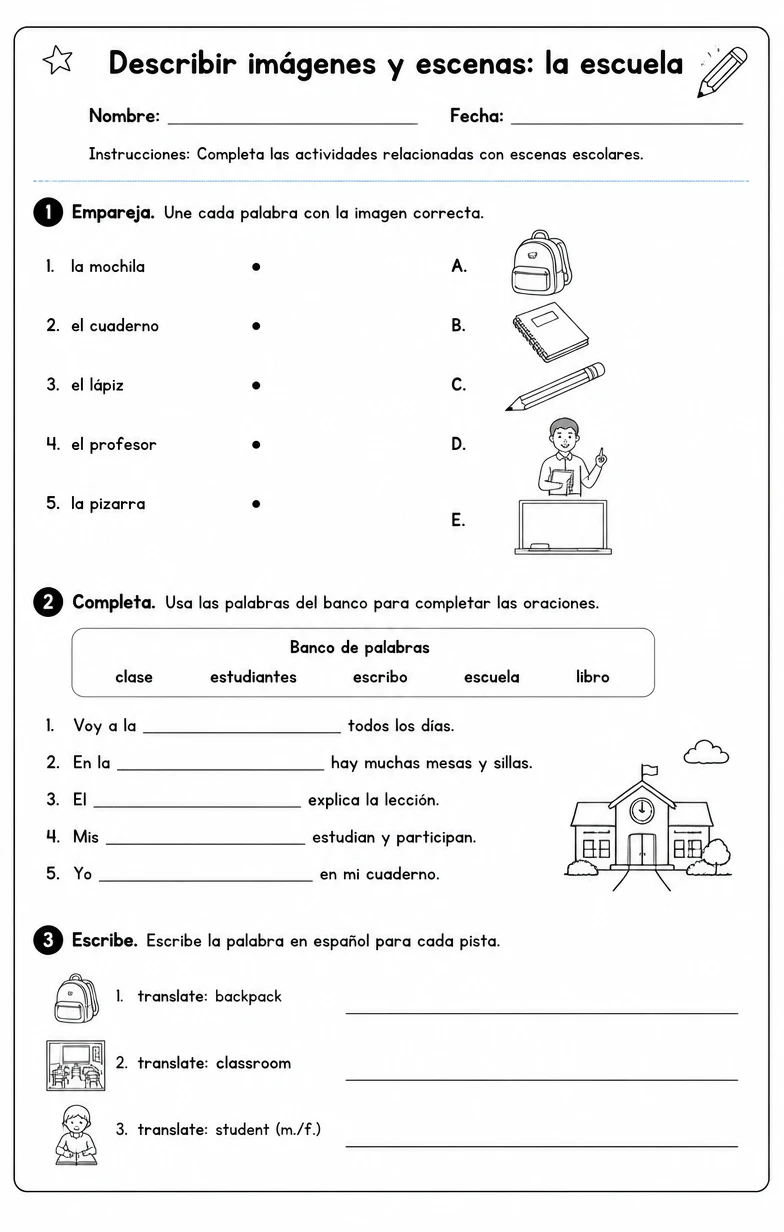 Reconocer palabras, frases o oraciones en español relacionadas con escenas escolares.