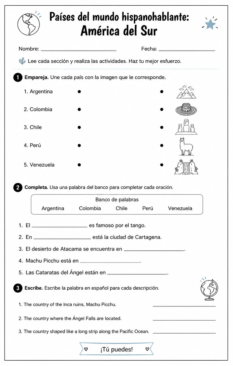 Reconocer palabras, frases o oraciones en español relacionadas con países hispanohablantes en América del Sur.
