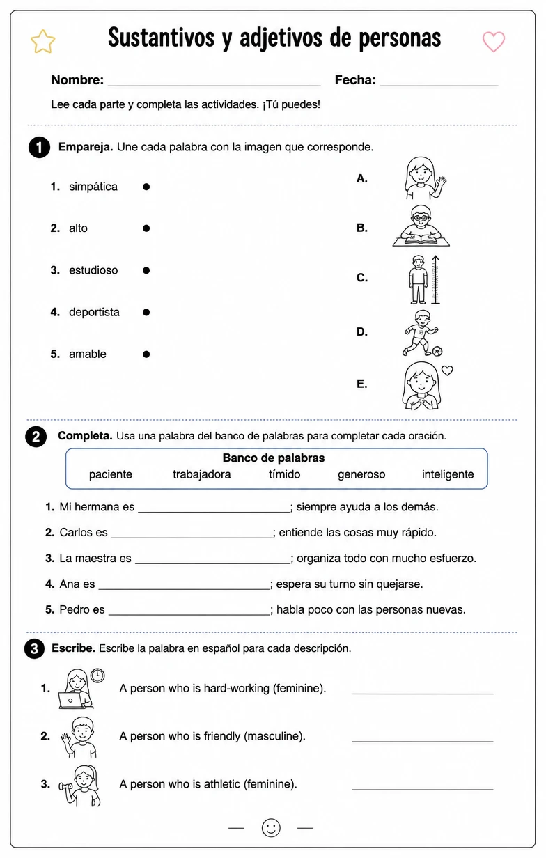 Reconocer palabras, frases o oraciones en español relacionadas con describir personas.