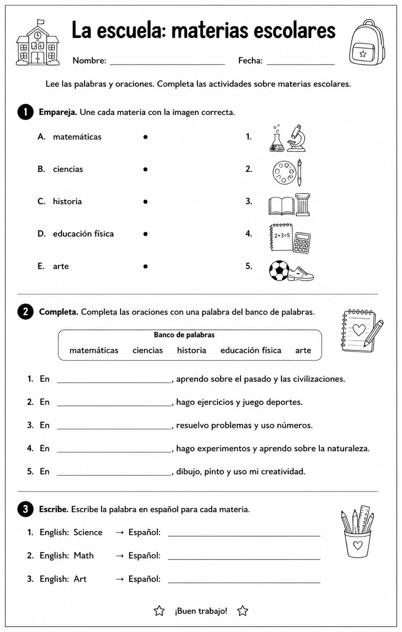 Reconocer palabras, frases o oraciones en español relacionadas con materias escolares.