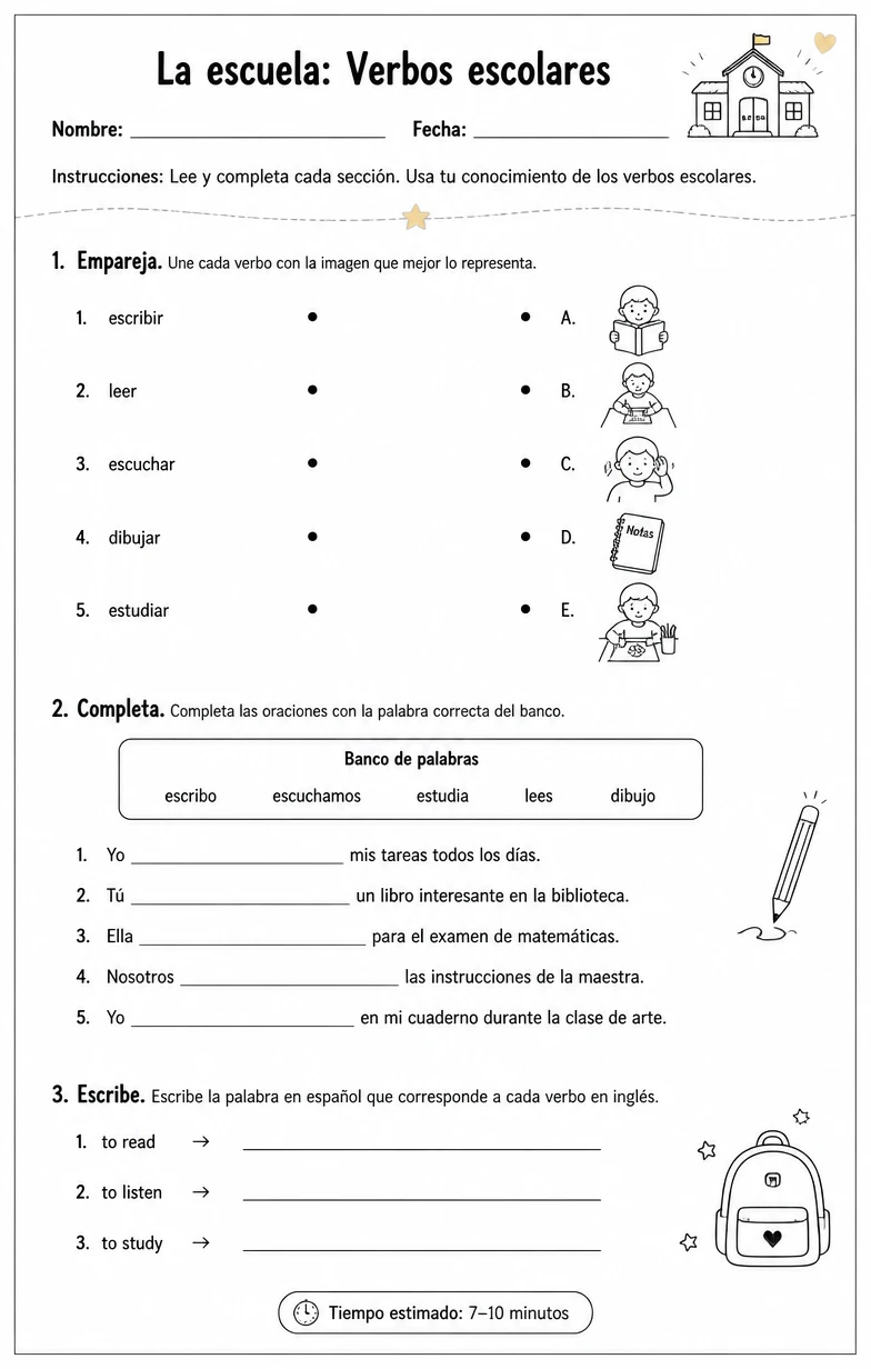 Reconocer palabras, frases o oraciones en español relacionadas con verbos escolares.