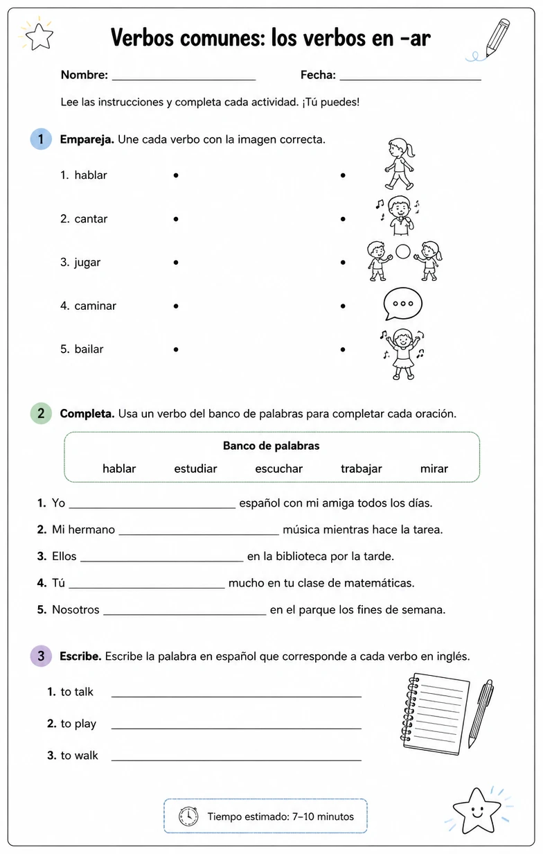 Reconocer palabras, frases o oraciones en español relacionadas con verbos regulares -ar.