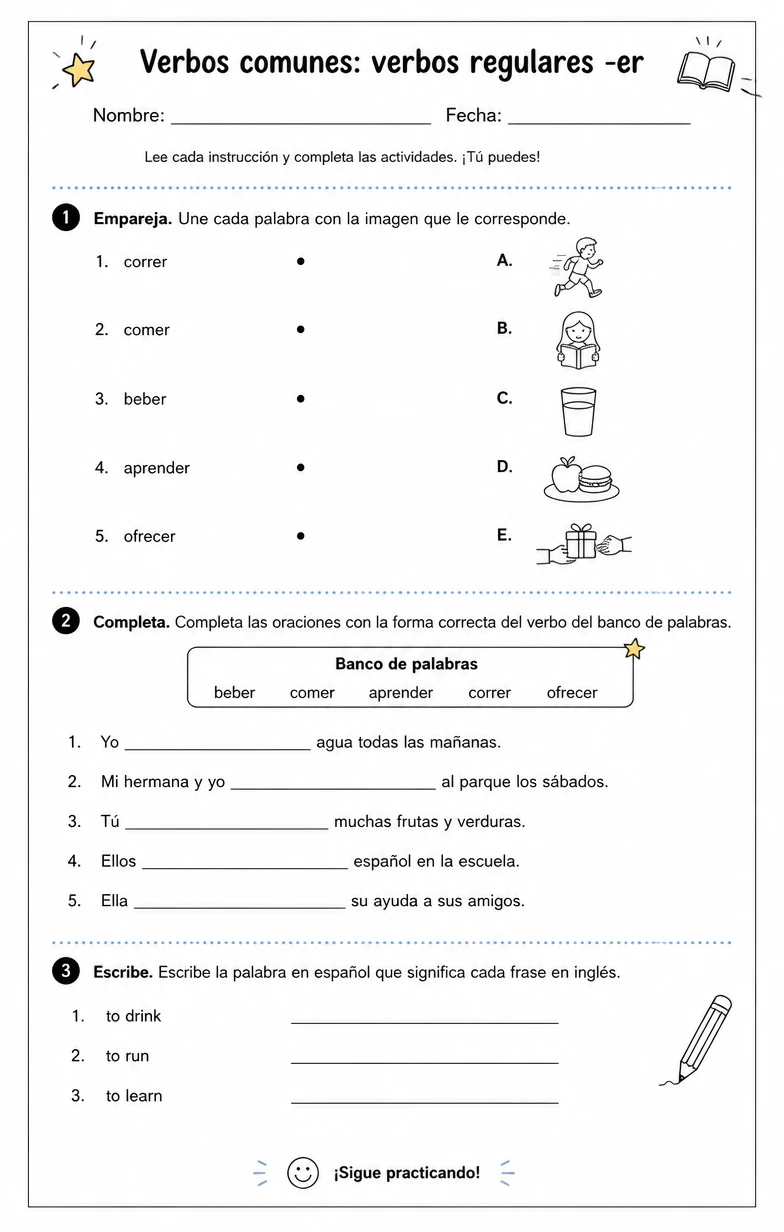 Reconocer palabras, frases o oraciones en español relacionadas con verbos regulares -er.