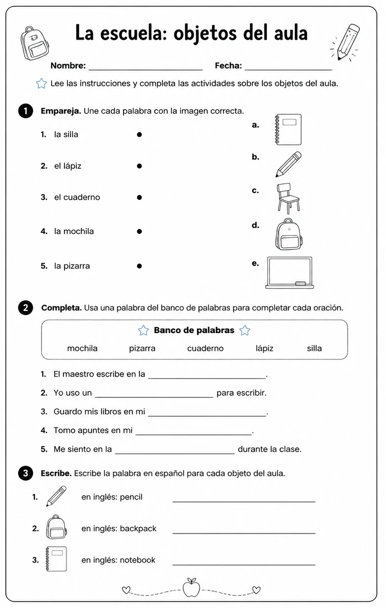 Reconocer palabras, frases u oraciones en español relacionadas con objetos del aula.