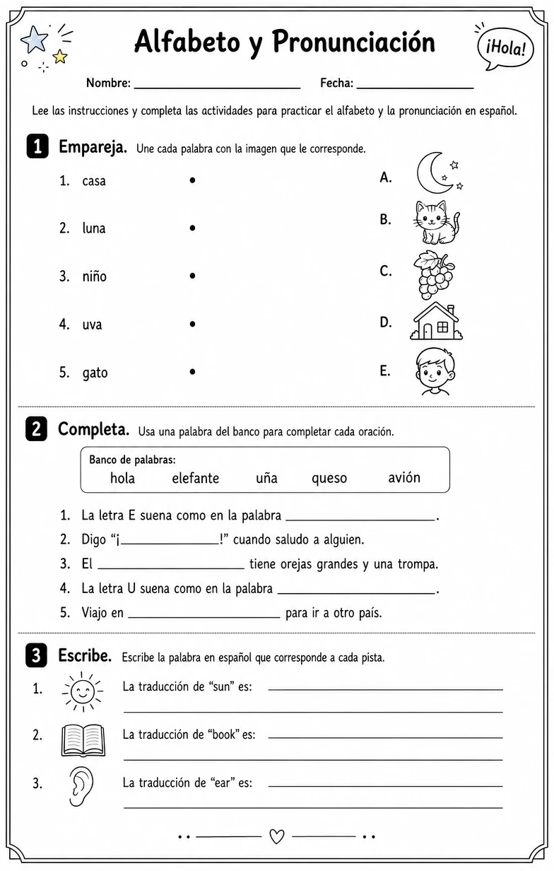 Reconocer y producir nombres de letras, sonidos y patrones de pronunciación comunes en español.