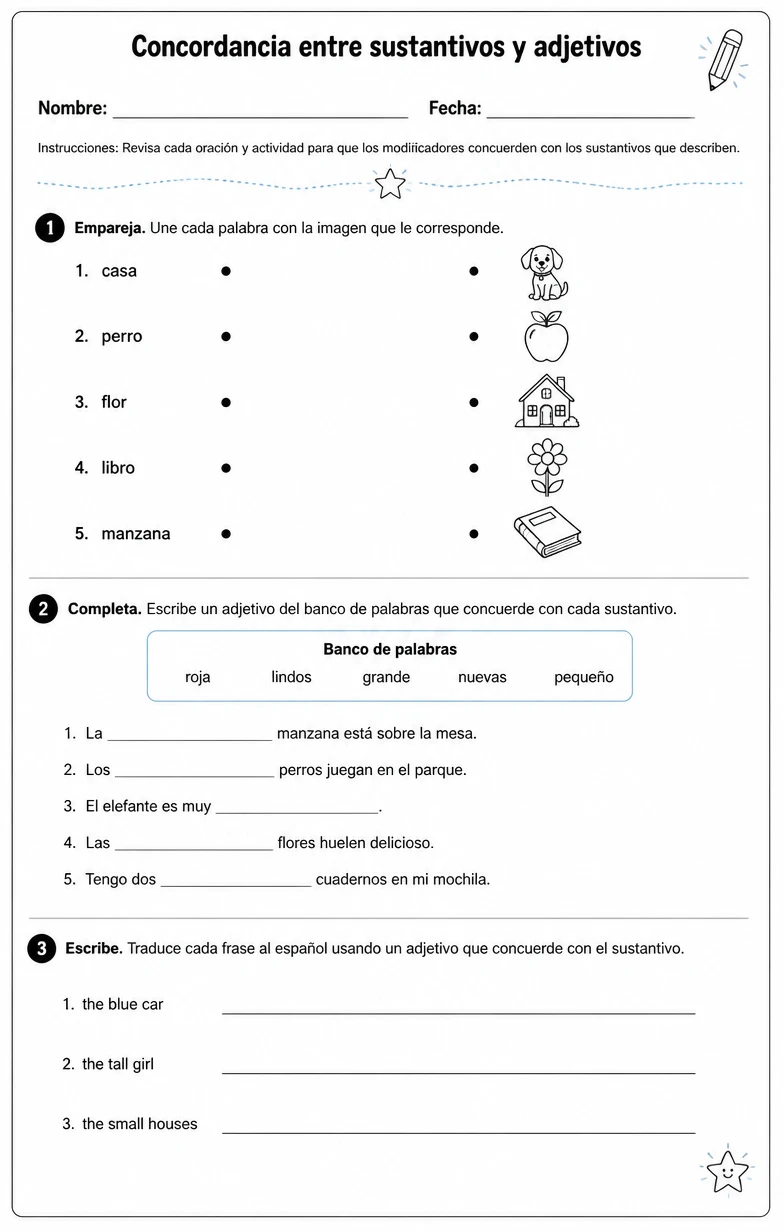 Revisar oraciones simples para que los modificadores concuerden con los sustantivos que describen.