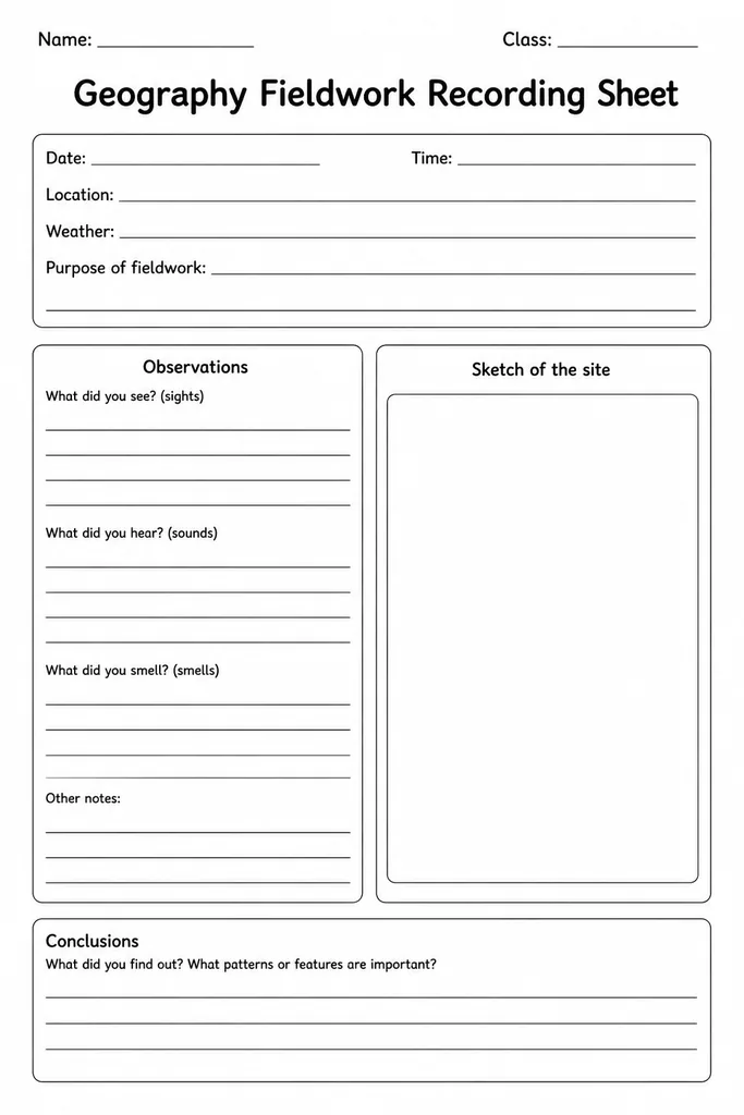 Geography Fieldwork Recording Sheet