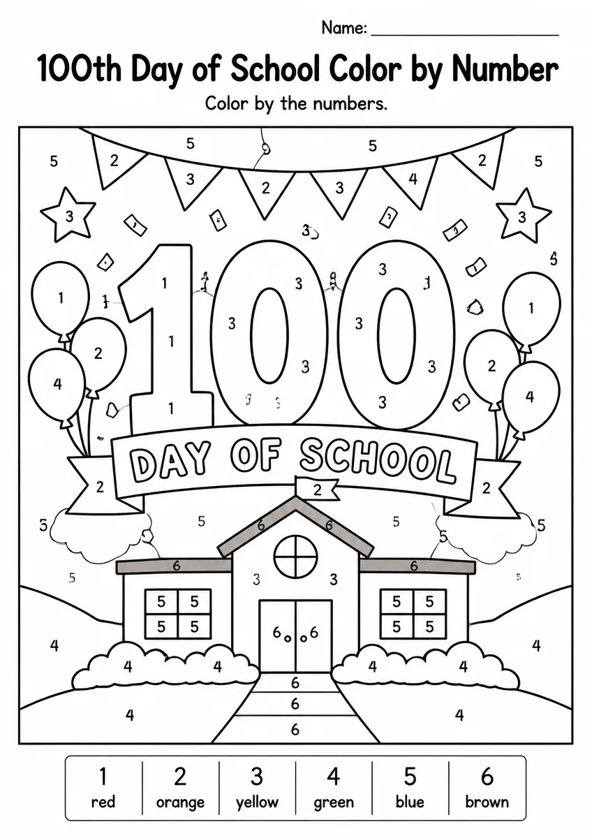 100th Day of School Color by Number β Grade 1
