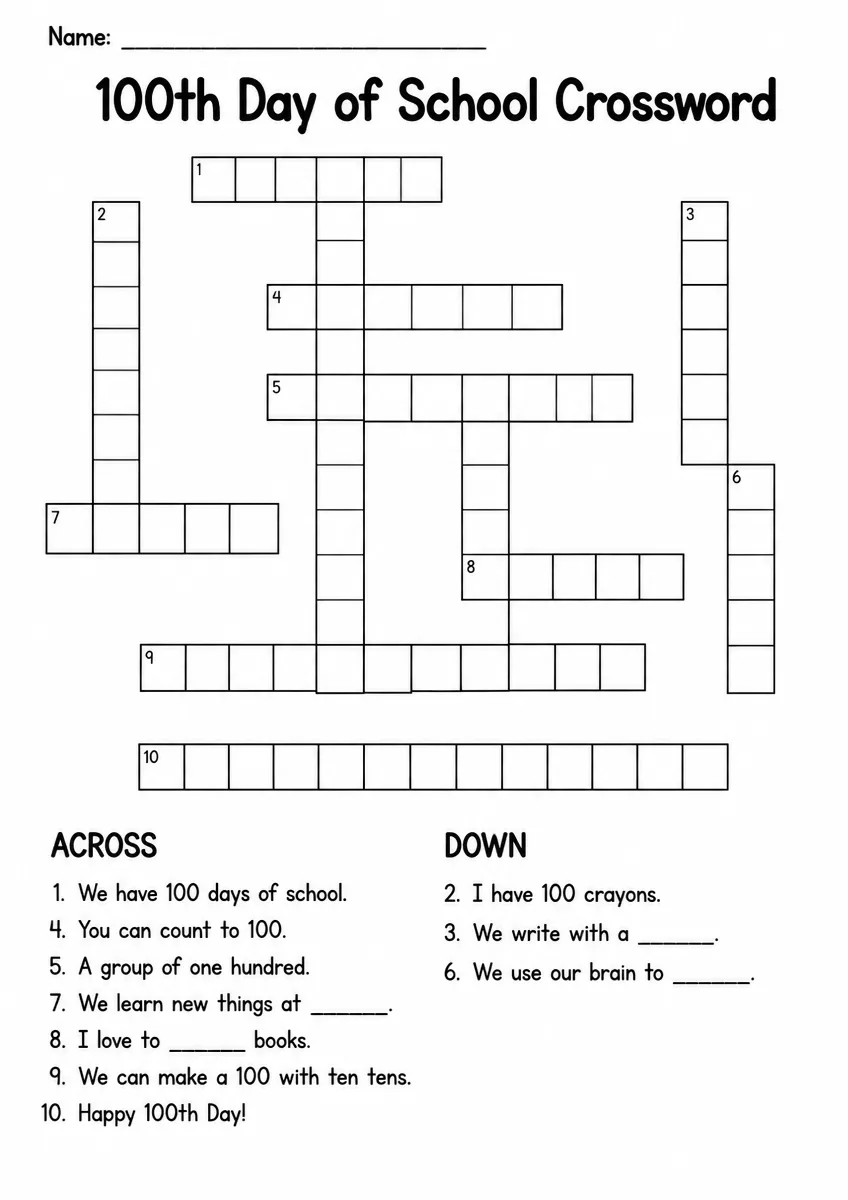 100th Day of School Crossword β Grade 1