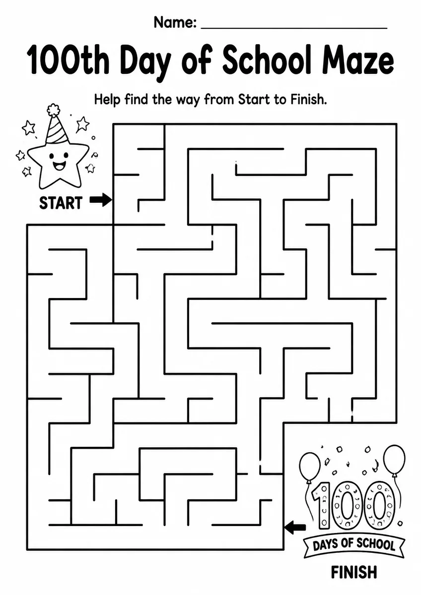 100th Day of School Maze — Grade 1