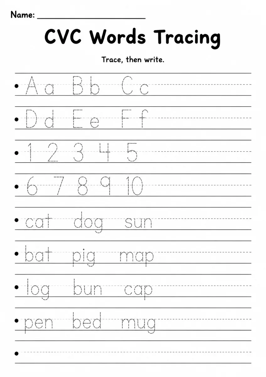 CVC Words Tracing — Kindergarten