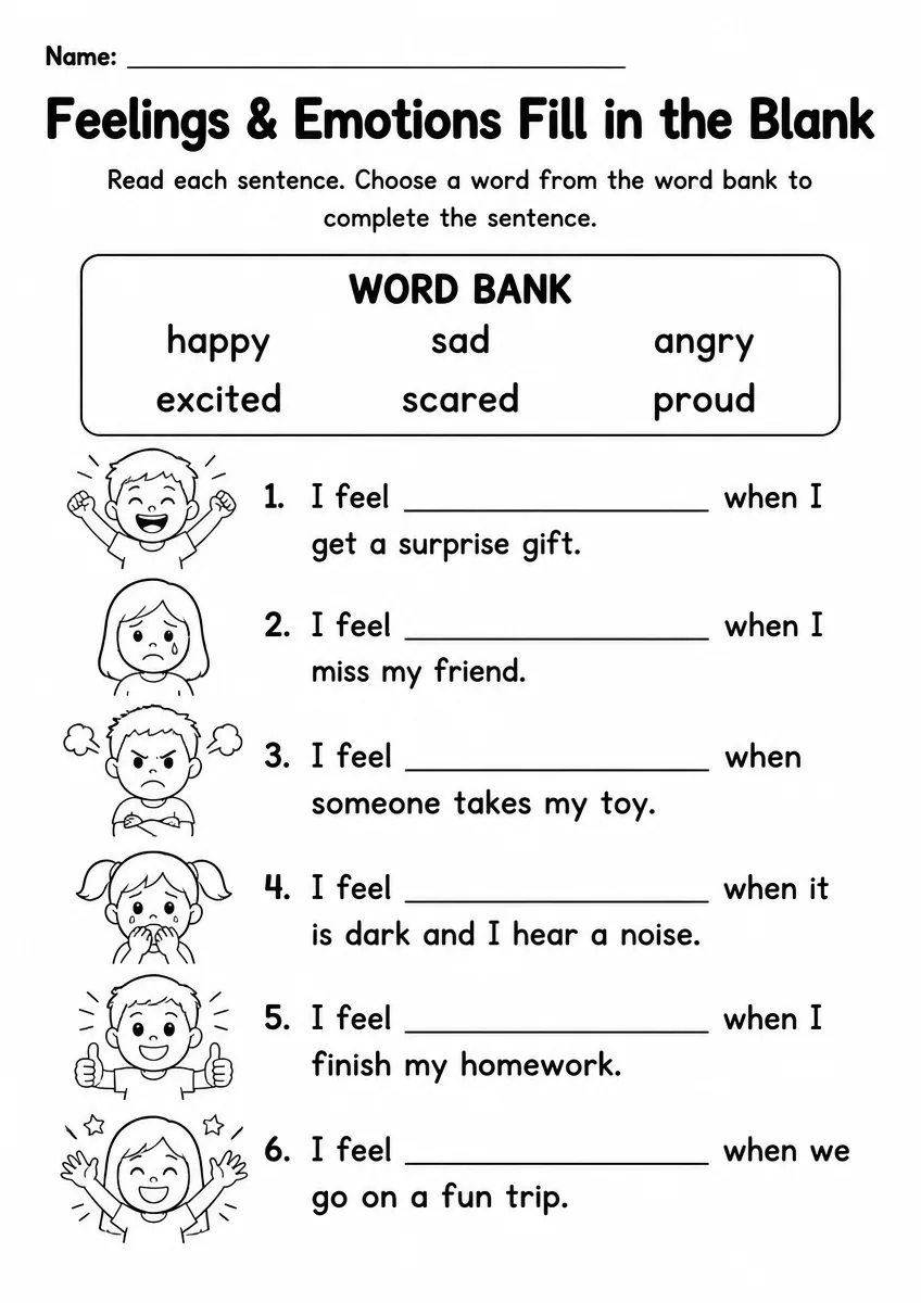 Feelings & Emotions Fill in the Blank — Grade 3