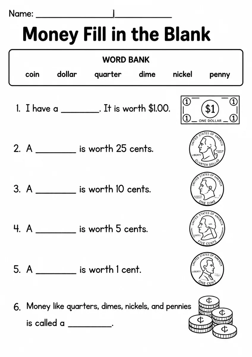 Money Fill in the Blank — Grade 2