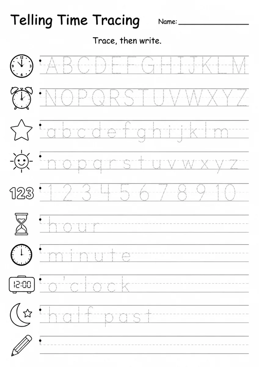 Telling Time Tracing β Kindergarten