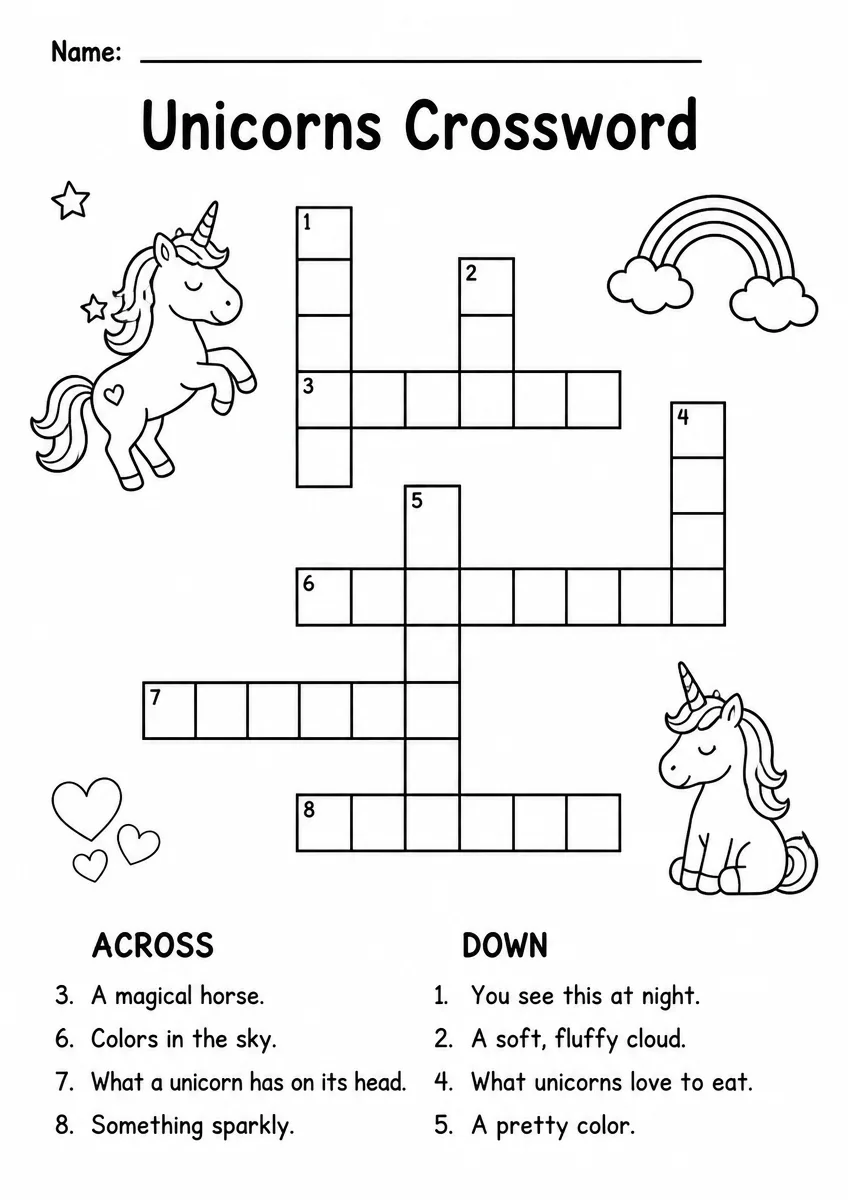 Unicorns Crossword — Kindergarten