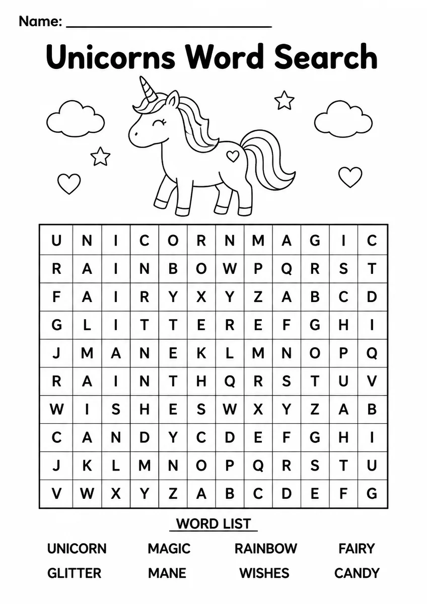 Unicorns Word Search — Kindergarten