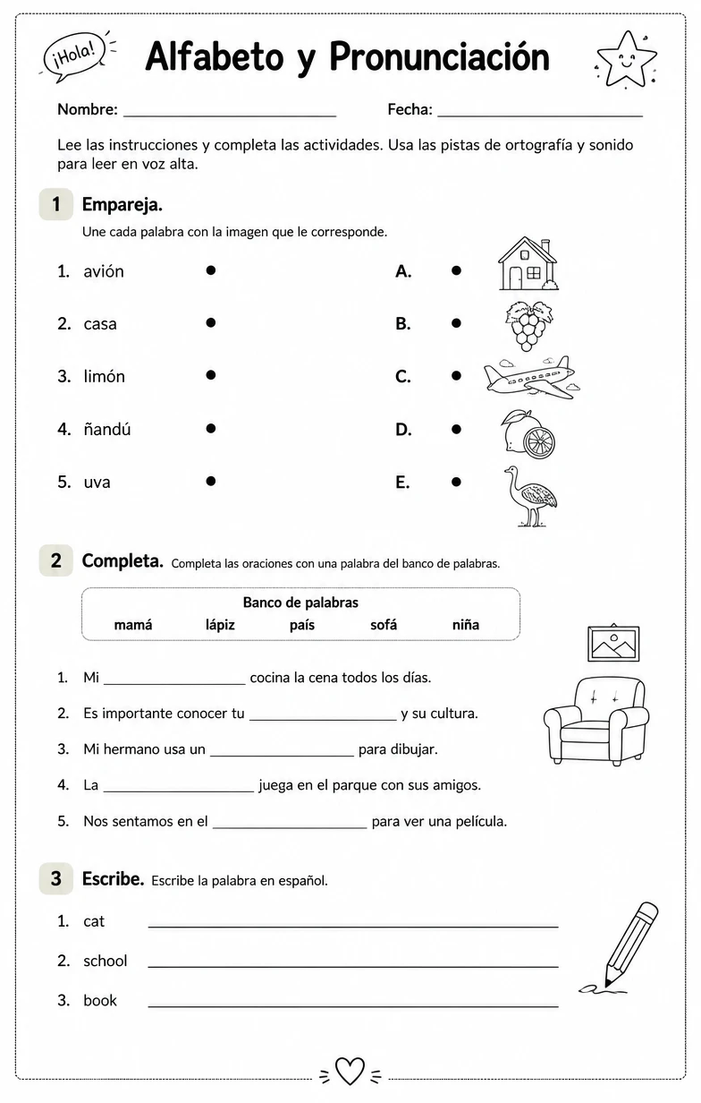 Usar pistas de ortografía y sonido para leer palabras familiares en español en voz alta.