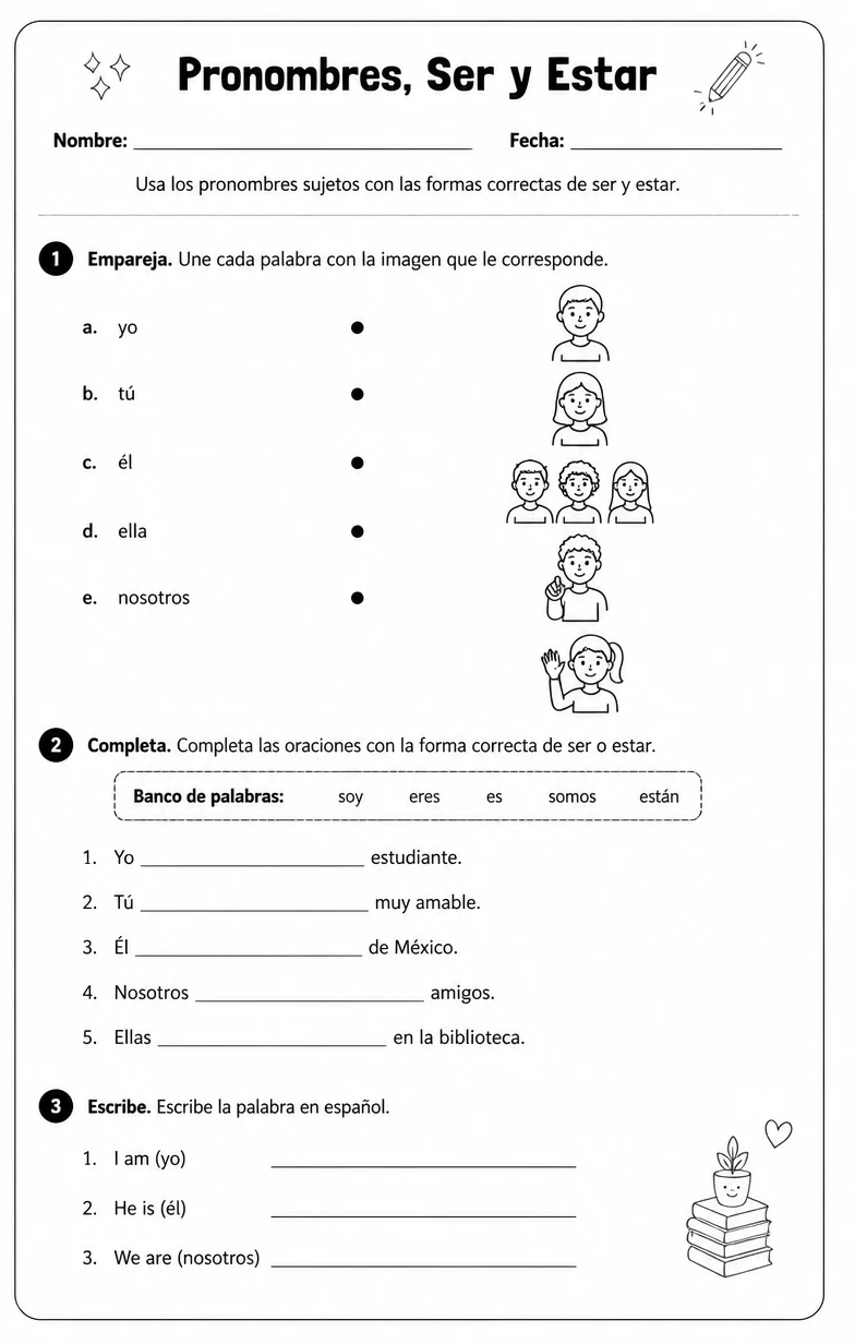 Usar pronombres sujetos con formas comunes de ser y estar.