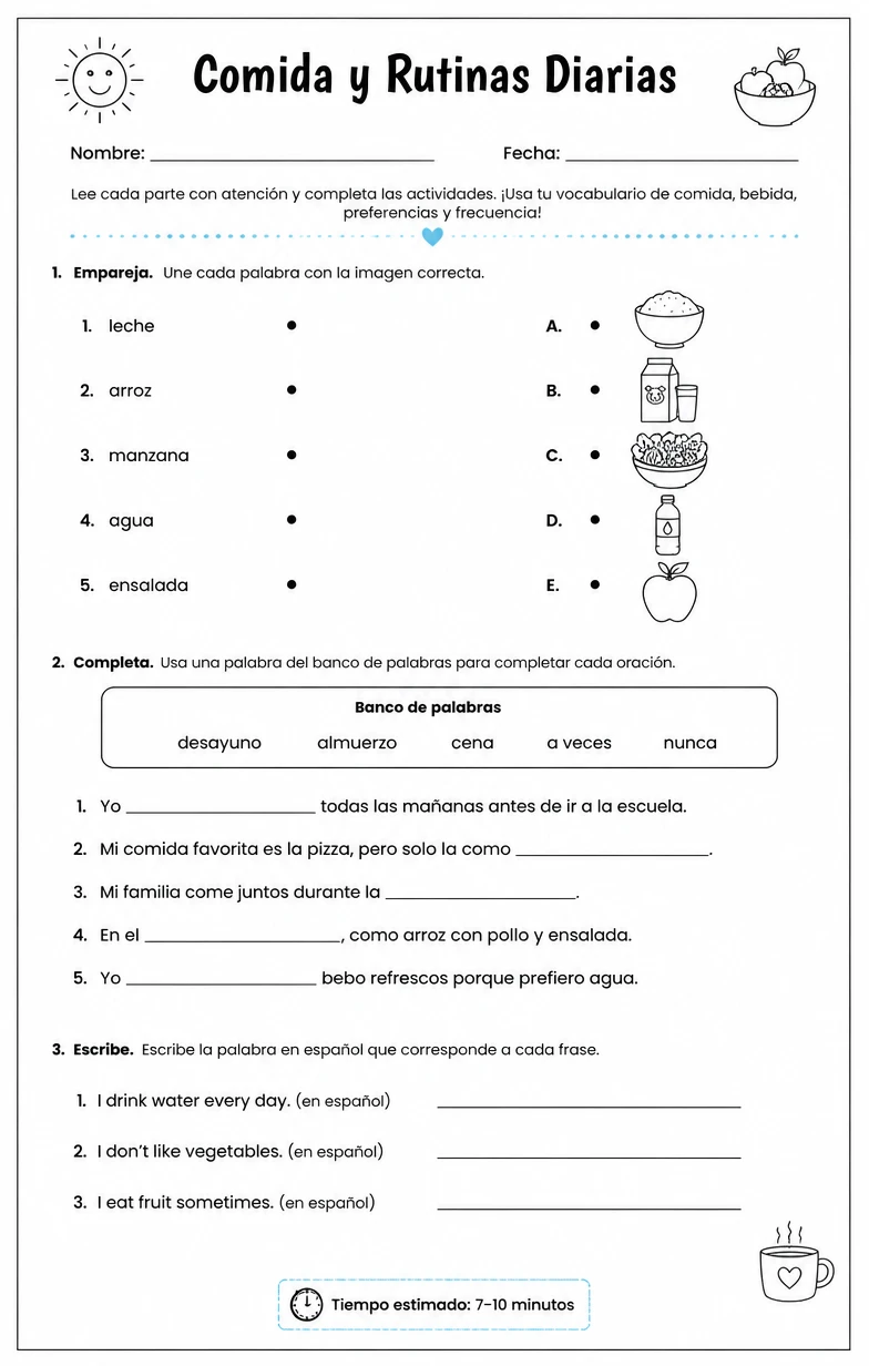 Usar vocabulario de comida, bebida, preferencias y frecuencia en contexto.